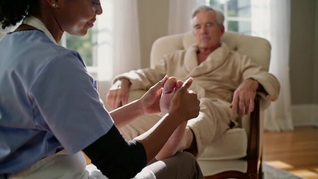 Camera framing caregiver in scrubs lifting and kneading senior's foot in armchair for comfort