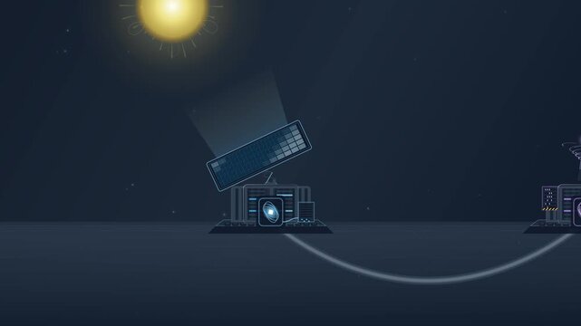 Animated infographic of a P2P energy trading decentralized grid, featuring solar absorption, smart contract automated ledger settlement, and power distribution to consumer nodes