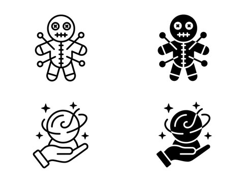 Set of voodoo doll and crystal ball magic line and solid icons with esoteric