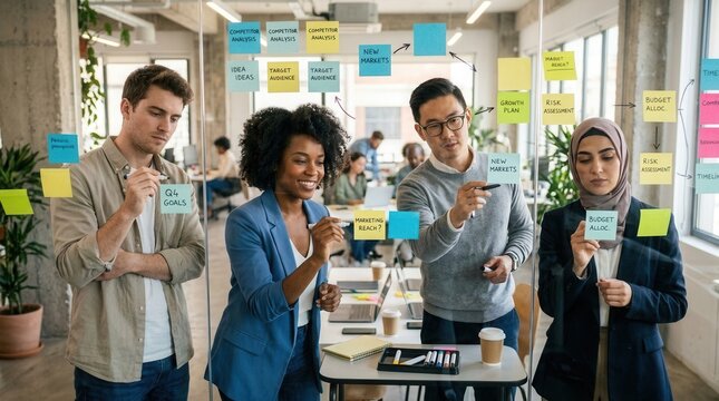 Diverse Team Collaborates On Business Strategy Using Sticky Notes And Glass Wall