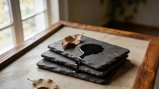 Pouring dark liquid from steady stream forming puddle on slate stack on tabletop, dried leaves