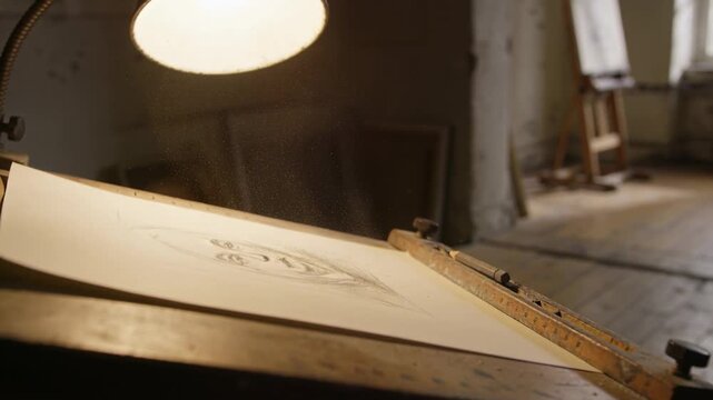 Pulling back camera revealing tilted drawing board under gooseneck lamp, exposing easel