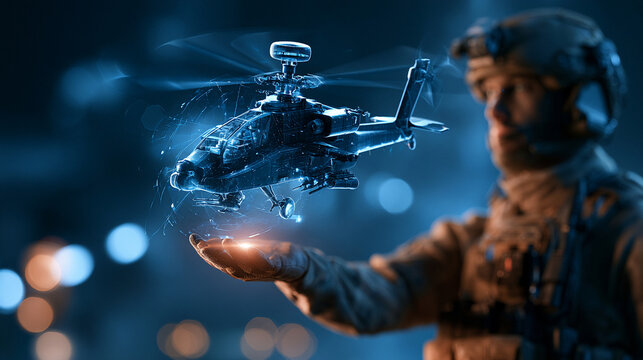 Soldier holds a model helicopter in a dark setting with lights and smoke around