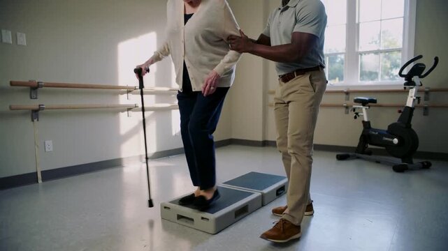Stepping after therapist cue senior in cardigan using cane on step at clinic, aid steadying balance