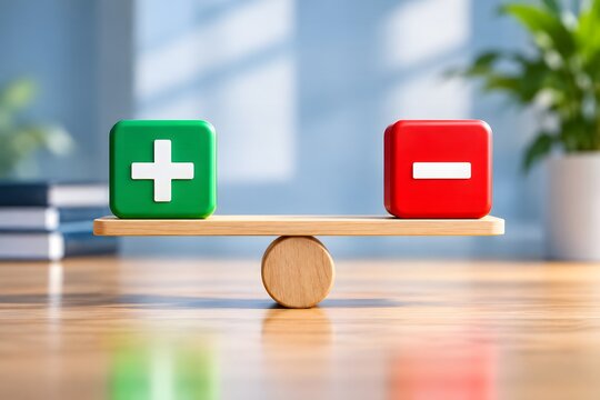 A wooden balance scale on a desk with a green plus sign and a red minus sign, representing the concept of pros and cons, evaluation, and weighing business options.