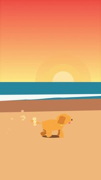Pixelated golden retriever dog walks on sandy beach during sunset over ocean waves, cartoon style