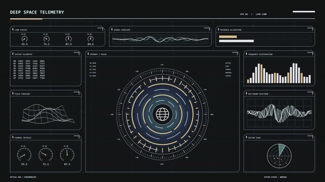 Futuristic sci-fi deep space telemetry HUD interface with radar, data charts, graphs, and digital control panels for tech and gaming projects.
