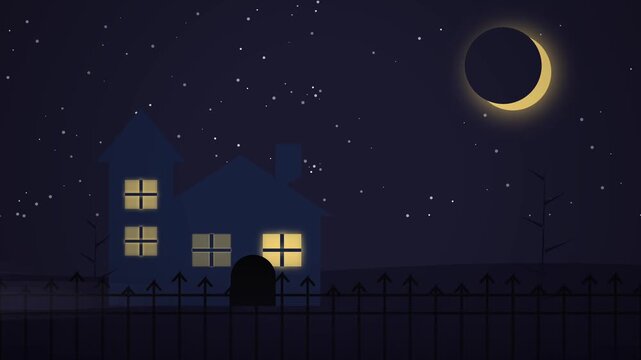 Spooky Night Haunted House Landscape With Glowing Windows Crescent Moon Stars Halloween Motion Background