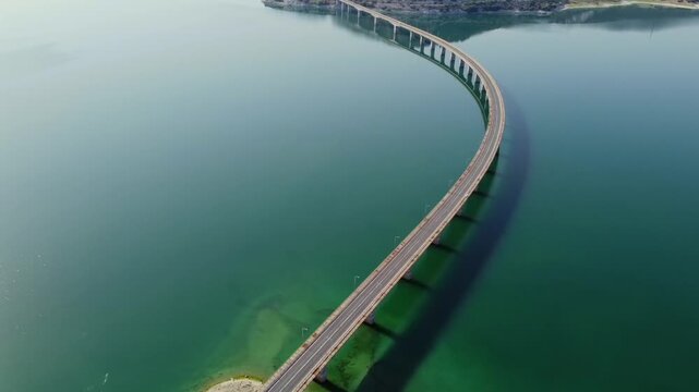 High altitude cinematic drone shot capturing the perfect architectural S-curve design of the long concrete bridge crossing Polyfytos Lake reservoir in Kozani.