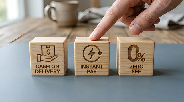 Human hand presses wooden blocks displaying icons for cash on delivery, instant payment options, and zero fee financial service symbols