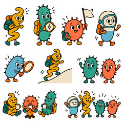 Obraz premium Bacteria Cartoon Character Set Hiking Camping Adventure