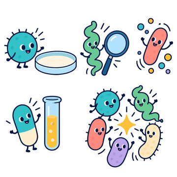 Bacteria Cartoon Set with Cute Germ Characters and Lab Equipment