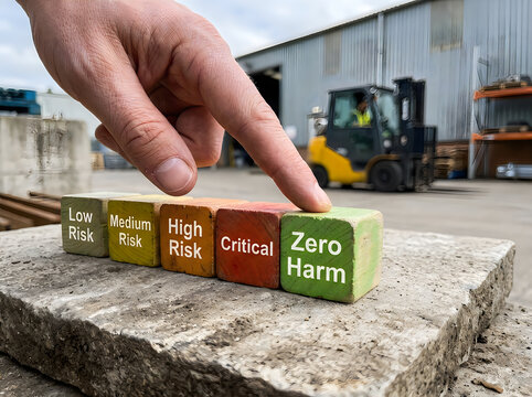Human finger points towards colorful wooden blocks displaying health and safety risk levels at a busy industrial warehouse work site