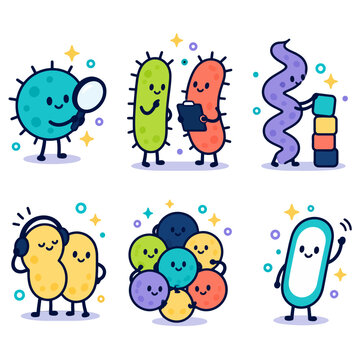 Bacteria Cartoon Characters Set for Educational Biology Vector Clipart