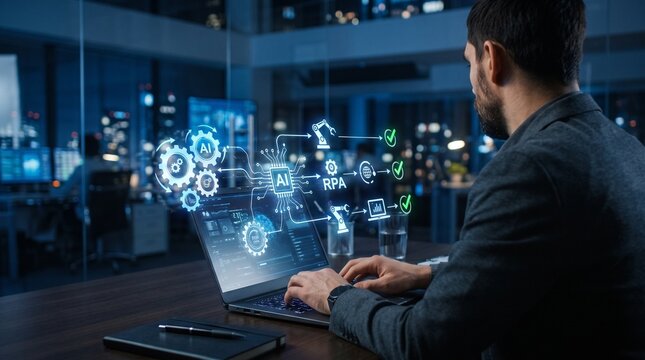 Professional software engineer developing artificial intelligence and robotic process automation workflow algorithms on modern laptop in corporate night office