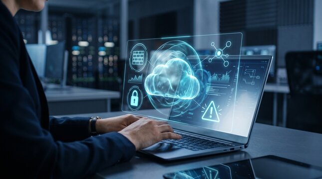 Professional uses laptop with glowing holographic cloud computing interface for secure data management in a modern server room, symbolizing digital transformation and it innovation.