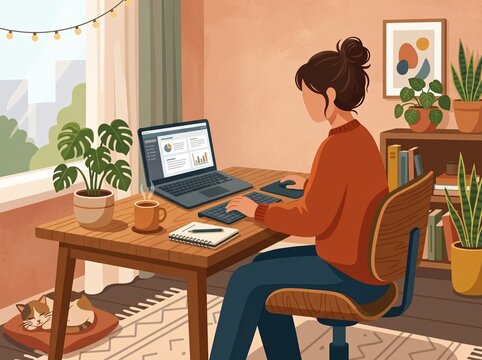 Remote Work From Home Office Desk Setup Illustration
