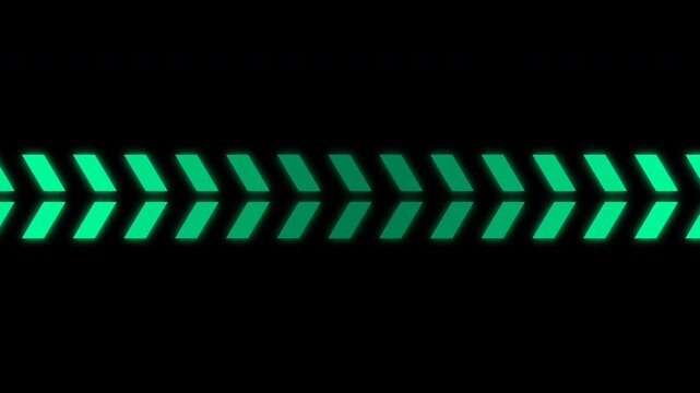 A sequence of glowing green blocky chevron arrows moving horizontally across a solid black background.
