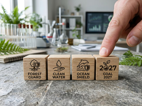 Wooden cubes featuring environmental sustainability icons for forest protection, water conservation, ocean safety, and ambitious global goals for year 2027