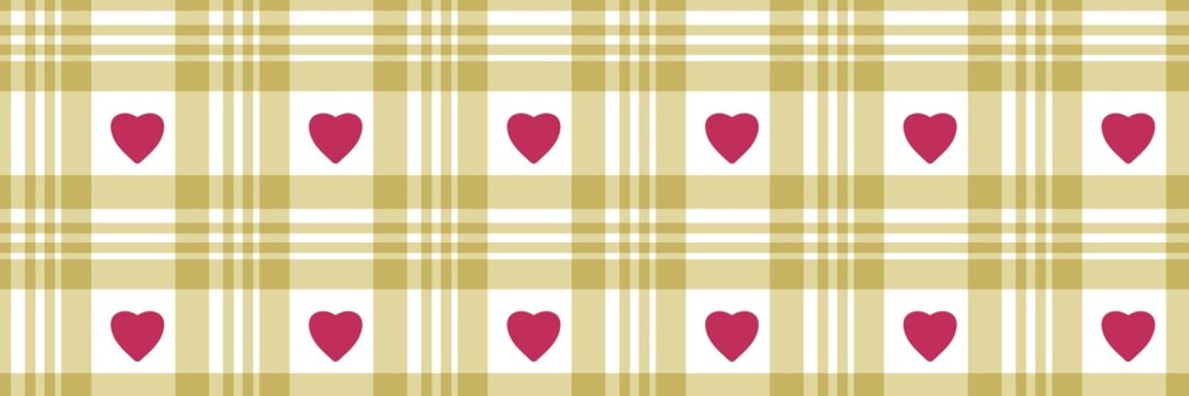 seamless plaid pattern in beige, gold, and white with pink hearts. Cute Valentine's or holiday texture, wrapping paper, fabric, scrapbook background. Repeating tartan design