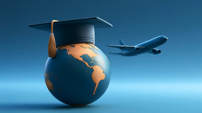 Graduation cap on a globe next to an airplane representing global education and travel opportunities
