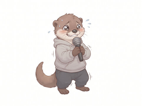 One single original cute cartoon singer holding a completely generic microphone with both hands, nervous smile