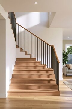 Modern wooden staircase with black metal balusters and light wood handrail in minimalist interior with natural light and open living space