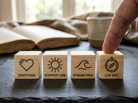 Wooden cubes featuring engraved symbols of gratitude, sun, waves, and compass representing intentional living and future planning for year 2027
