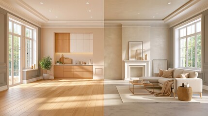 Obraz premium Modern open plan living room and kitchen with warm wood floors, beige walls, large windows and minimalist furniture under natural sunlight