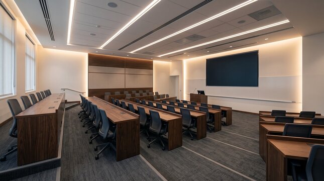 Empty modern lecture hall interior with wooden desks and large display screen