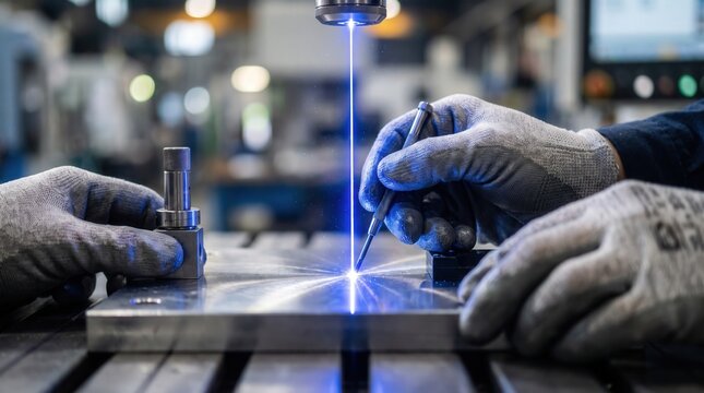 Technician hands in gloves using high precision blue laser for metal marking and engineering, showcasing advanced industrial automation and quality control for factory production.