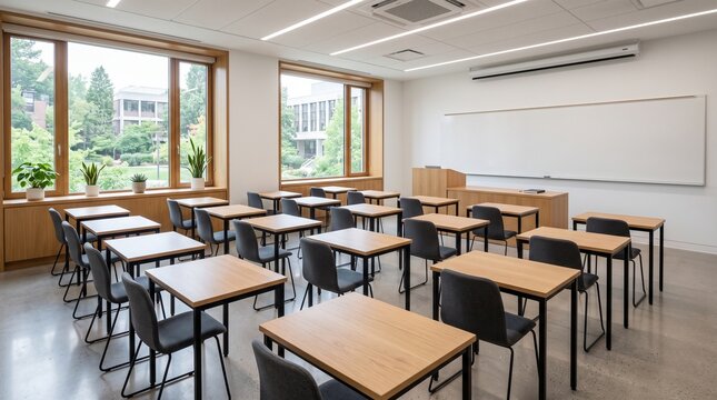 Empty university classroom with wooden desks and chairs and a white board