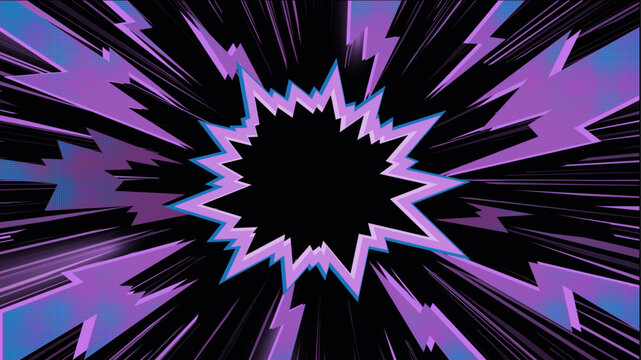 Comic burst background. Anime, manga, pop art backdrop. Purple rays on halftone dots with black center, lightning shapes and radial motion lines. Dynamic abstract trendy vector illustration.