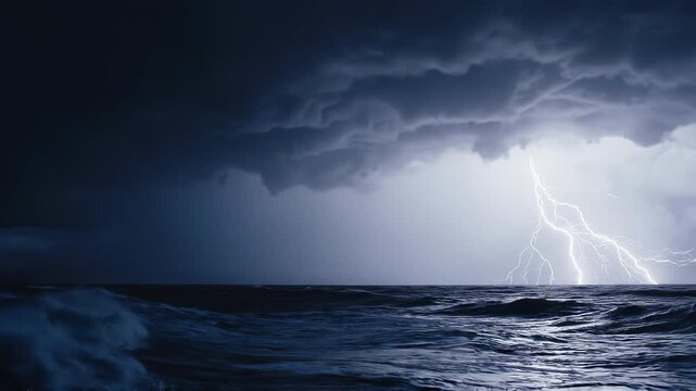 Powerful lightning strikes illuminate a stormy sea during a dramatic nighttime tempest with dynamic ocean waves