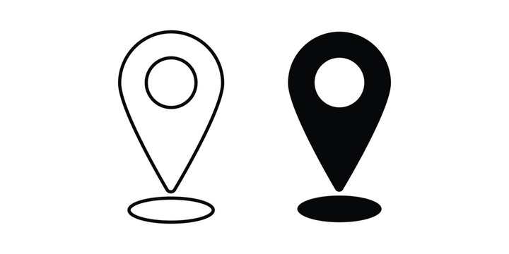 Location map marker pins with oval shadow in outline and solid black vector icon styles