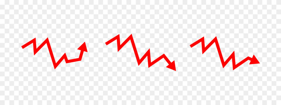 Red zigzag arrow pointing downward representing decline, loss, decreasing trend for business, finance, and infographic design, heartbeat on monitor