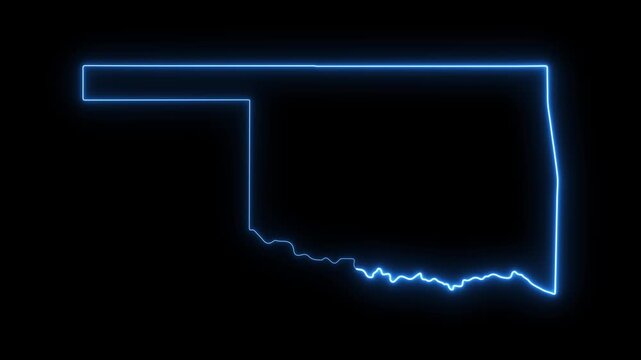 Glowing neon outline map of oklahoma state, blue light stroke animation on black background