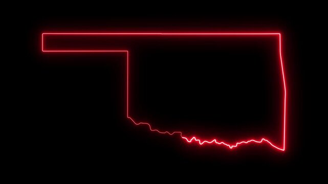 Oklahoma state map outline with glowing red neon light effect on black background