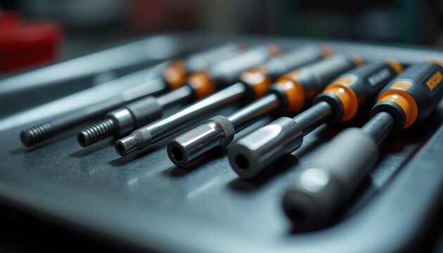 A collection of precision screwdriver bits with black handles and orange grip rings arranged in a gray storage case. The metallic tool heads are sharp and polished, organized in neat rows for...