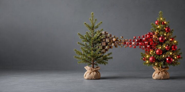 Christmas tree transition from a bare pine sapling to a decorated tree with glossy red baubles, featuring copy space for holiday campaigns