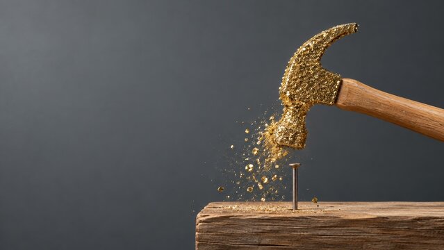 Gold glitter hammer crumbling upon hitting a nail in a wooden plank, featuring a sparkling texture and copy space for humorous advertising