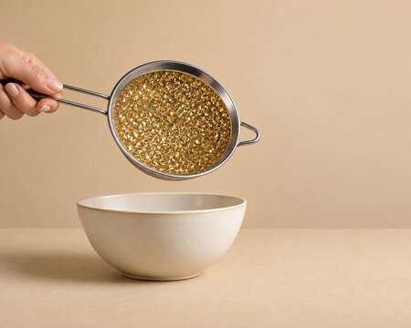 Kitchen sieve filled and clogged with shimmering gold glitter, held above a bowl against a minimal beige background for creative advertising