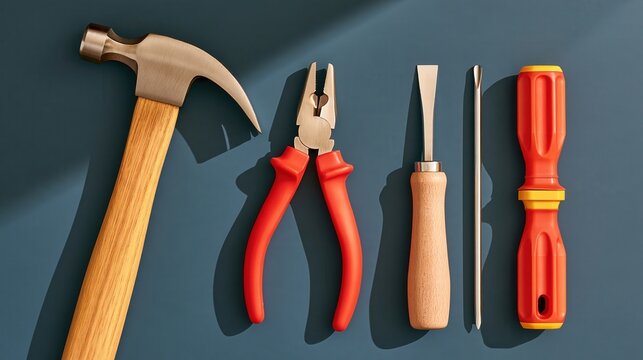 Hammer, pliers, chisel, awl and screwdriver arranged on dark blue background with dramatic shadows and warm lighting
