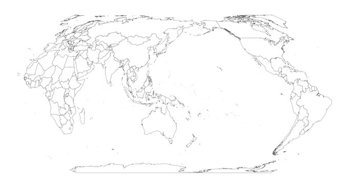 Map of World in new Equal Earth projection. High-quality political blank map. Editable vector illustration with layers. Oceania centered map. Thin black outline design on white backdrop