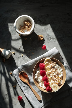 Breakfast oatmeal cereal with raspberry top view