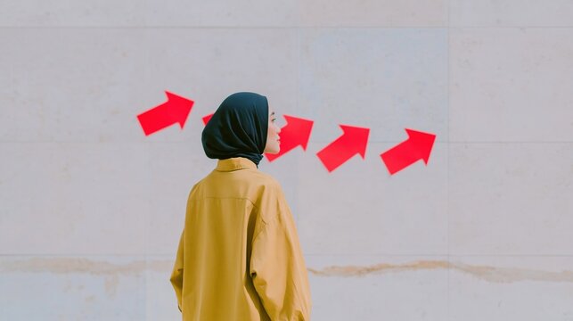 Indonesian woman in a hijab looking at red arrows on a concrete wall, a calm scene for disaster risk reduction and preparedness concepts