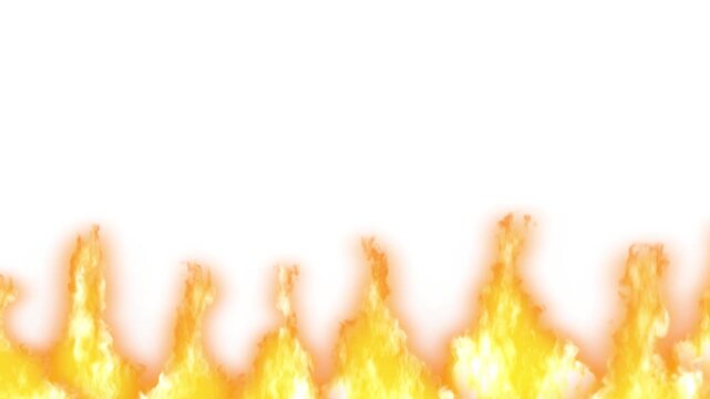 Dynamic fire flame animation across bottom of screen with bright orange and yellow hues glowing against white background, loopable motion graphic element.