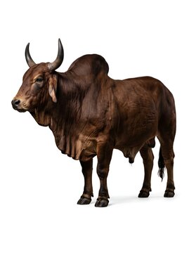 Brahman bull with large hump and horns, majestic brown zebu cattle standing on white background, powerful farm animal livestock portrait