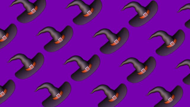 Black witch hats with orange bands and square buckles move in a repeating pattern on a purple background. Playful Halloween design for seasonal greetings and costume party visuals. 3D animation