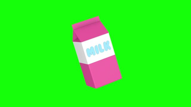 Pink milk carton with a white label and blue lettering gently rocks on a bright chromakey background. Stylized dairy packaging for beverage advertising and grocery promotion videos. 3D animation